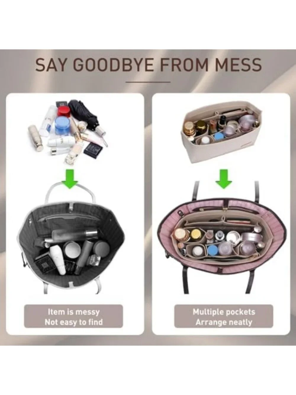 Purse Organizer Insert Set - Handbag Base Shaper, Zipper Pocket & Bottle Holder